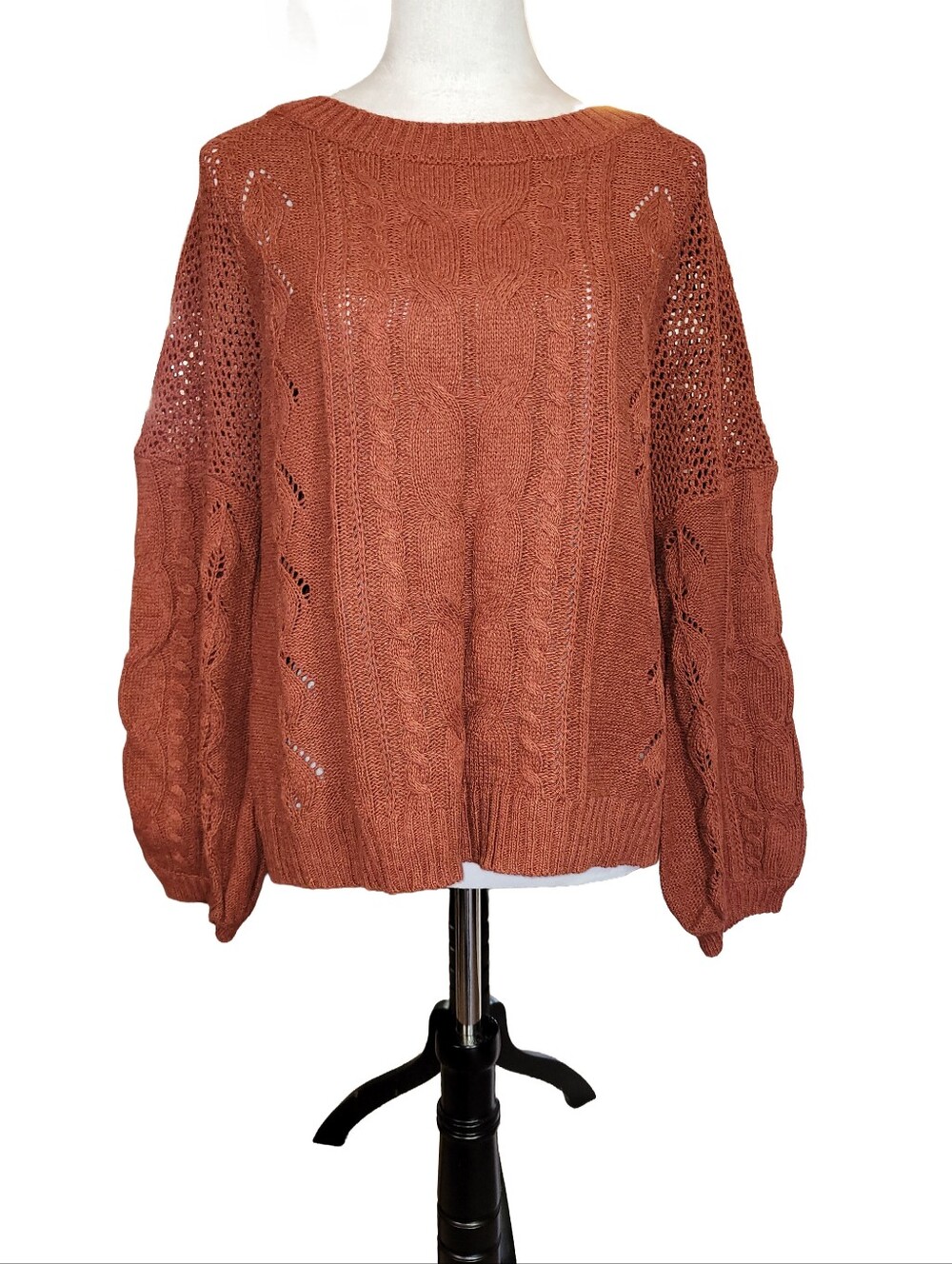 Copper/Rust Cable Knit Sweater Bishop Baloon Sleeves Size Medium NWOT